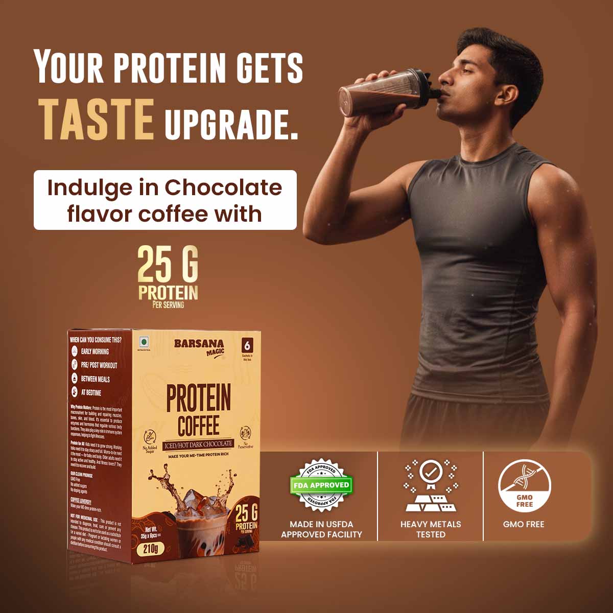 Barsana Magic and Man drinking protein coffee with a product box and promotional text on a brown background