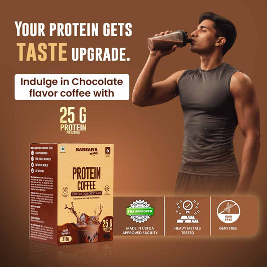Barsana Magic and Man drinking protein coffee with a product box and promotional text on a brown background