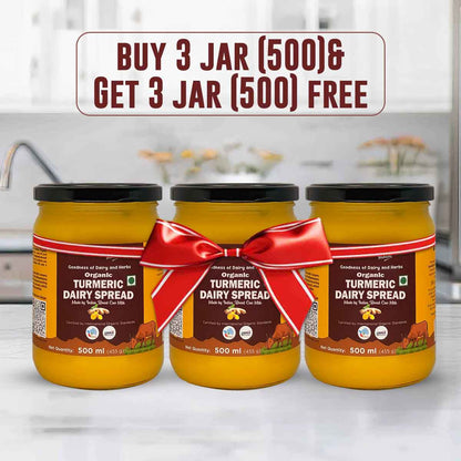 Barsana Magic and Three jars of organic turmeric dairy spread with a red bow on a kitchen counter, promotional text overlay.
