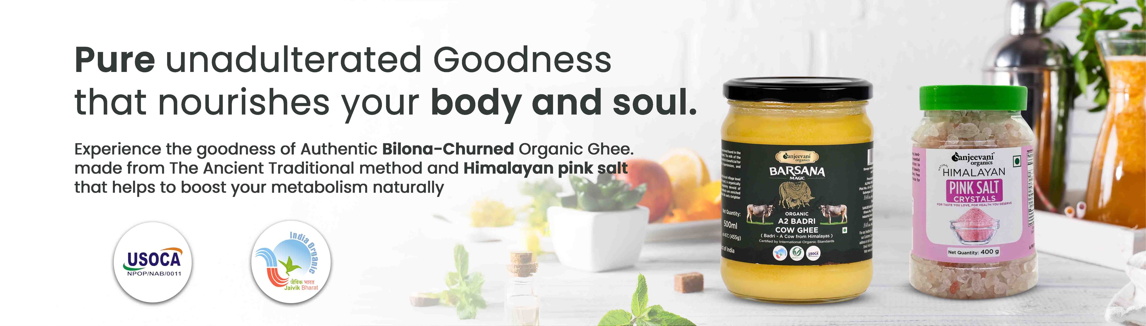 Barsana Magic and Bhagya organic ghee and Himalayan pink salt packaging with text on a white background