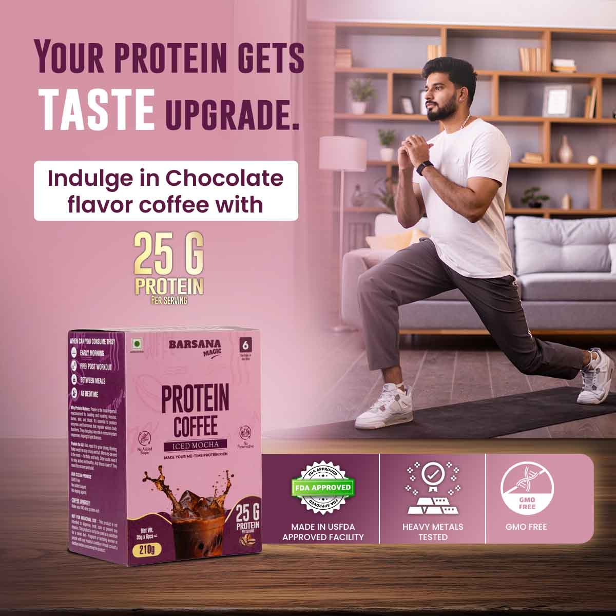 Barsana Magic and Protein coffee package with a man exercising in the background