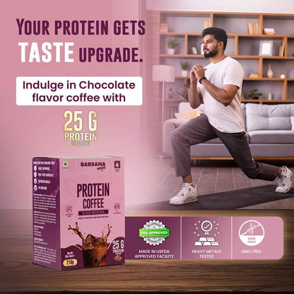 Barsana Magic and Protein coffee package with a man exercising in the background