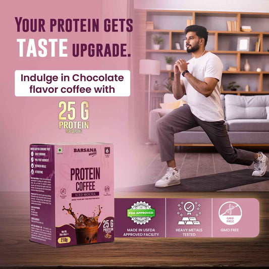 Barsana Magic and Protein coffee package with a man exercising in the background