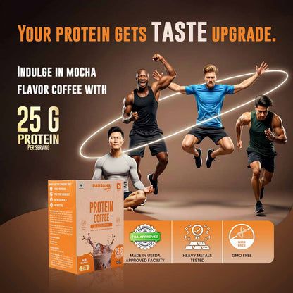 Barsana Magic and Protein coffee packaging with athletes and promotional text on a brown background