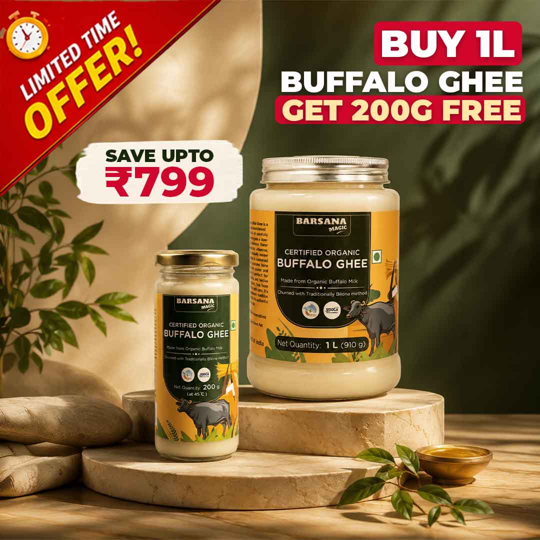 Barsana Magic and  Buffalo Ghee containers with promotional text on a wooden surface