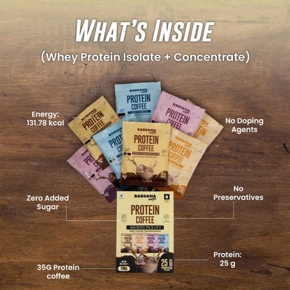 Barsana Magic and Protein Coffee packages on a wooden surface with nutritional information.