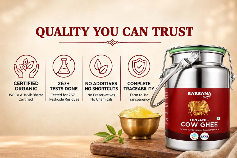 Barsana Magic and A jar of Barsana Organic Cow Ghee displayed on a wooden board next to a small bowl of yellow ghee, with a warm beige background and text highlighting quality and certification.