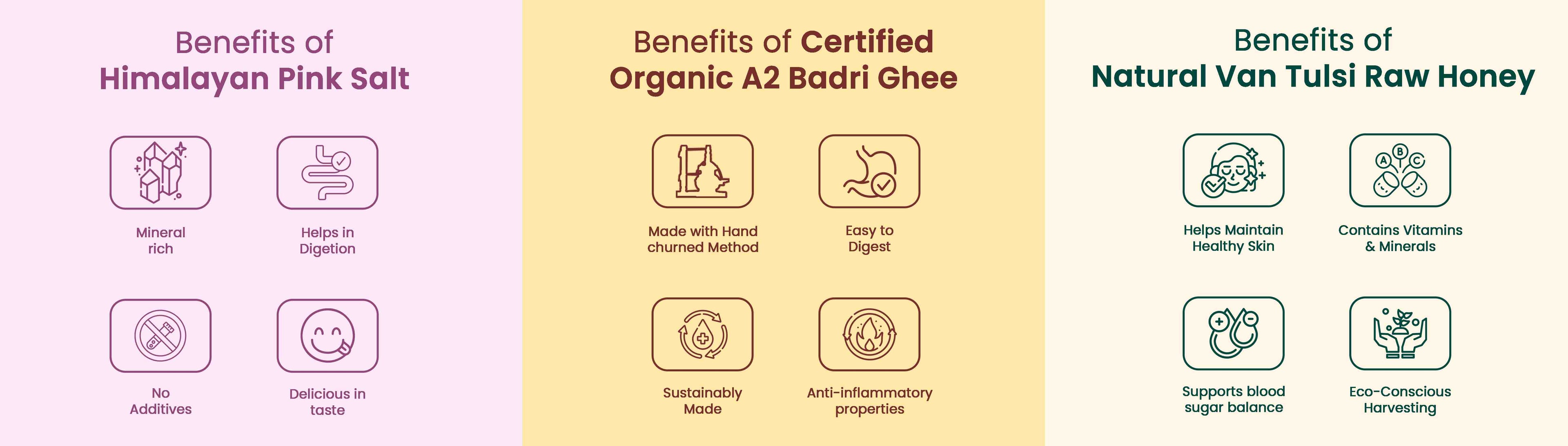 Barsana Magic and Three sections detailing the benefits of Himalayan pink salt, certified organic A2 Badri Ghee, and natural Van Tulsé raw honey.
