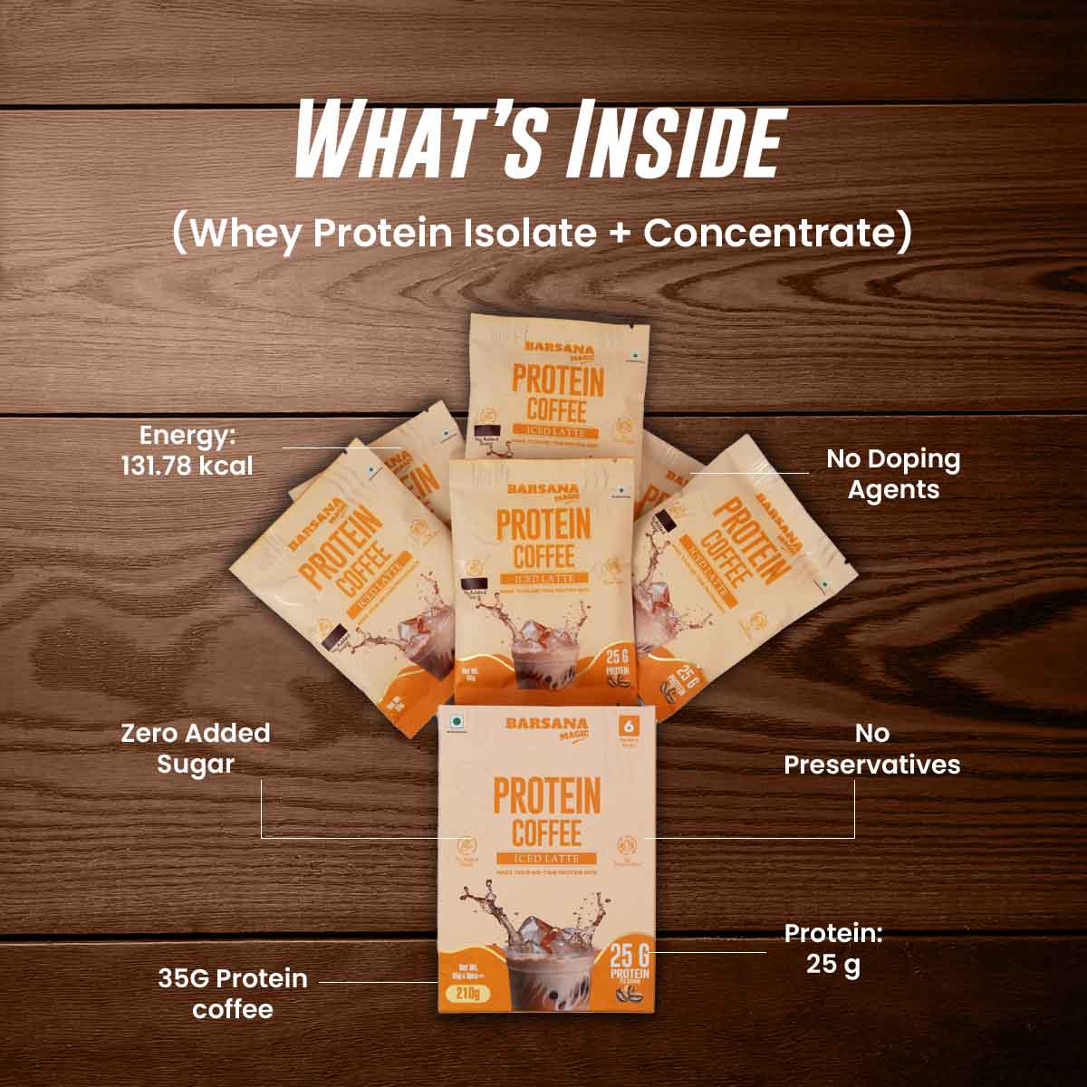 Barsana Magic and  Protein Coffee packages on a wooden surface with nutritional information.