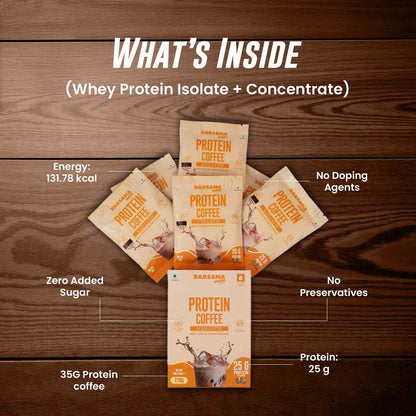 Barsana Magic and  Protein Coffee packages on a wooden surface with nutritional information.