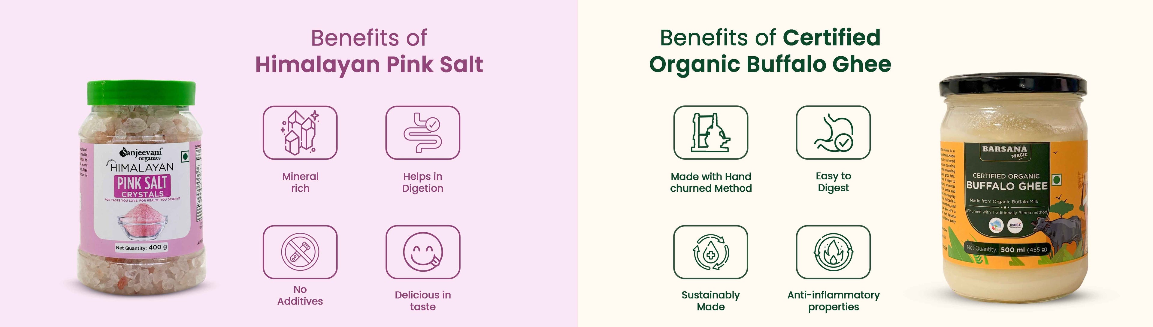 Barsana Magic and Two containers of Himalayan Pink Salt and Organic Buffalo Ghee with icons and text on a white background.