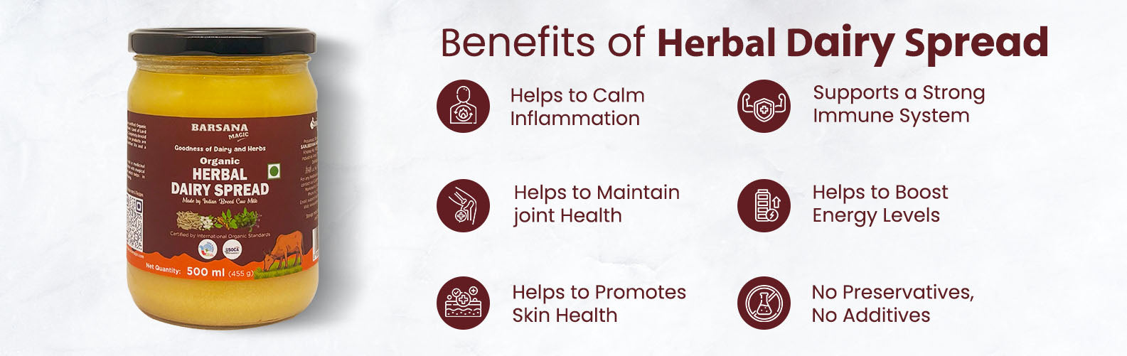Barsana Magic and Jar Jar of herbal dairy spread with benefits listed on a white background