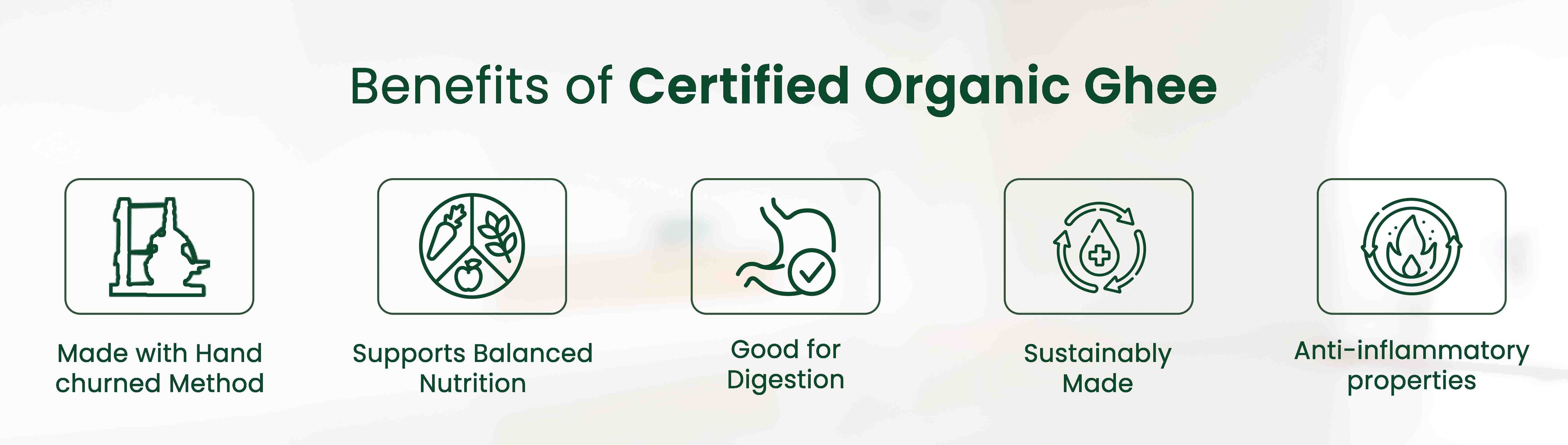 Barsana Magic and Benefits of certified organic ghee with icons and text on a light background