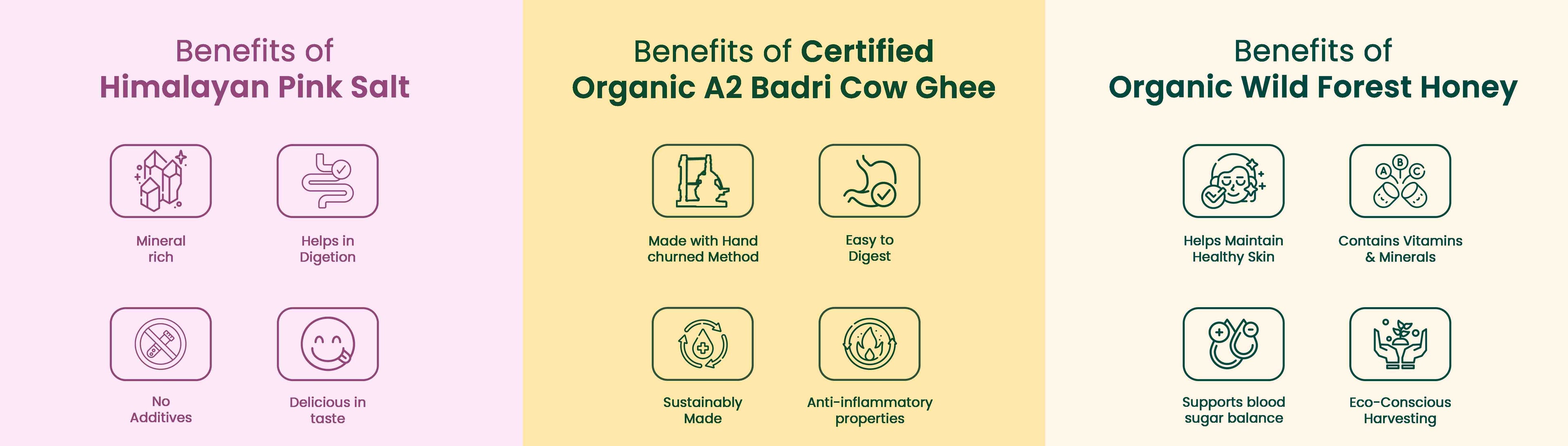 Barsana Magic and Three sections detailing the benefits of Himalayan pink salt, certified organic A2 Badri Cow ghee, and organic wild forest honey.