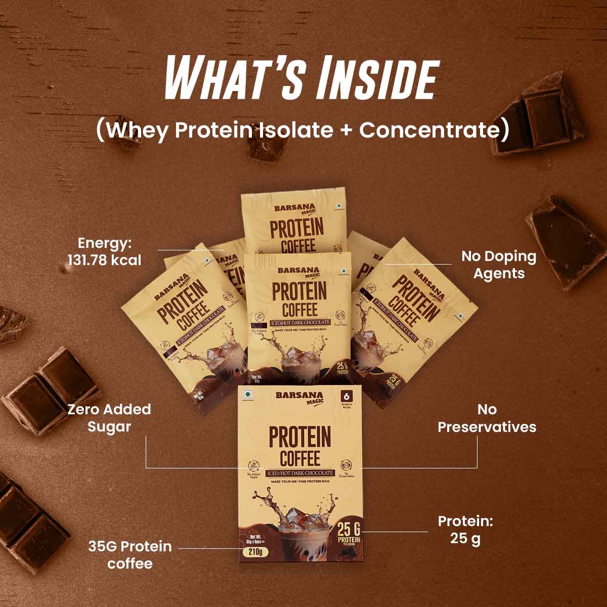 Barsana  Magic and Protein Coffee packages on a brown background with chocolate pieces.