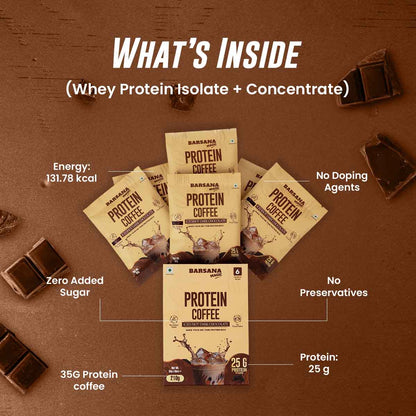 Barsana  Magic and Protein Coffee packages on a brown background with chocolate pieces.