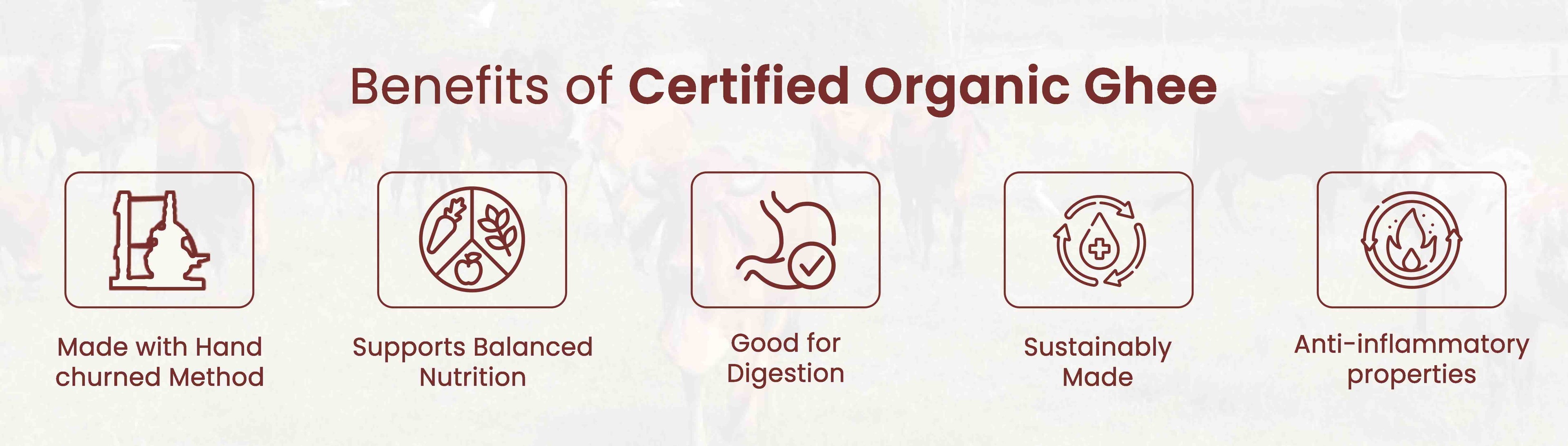 Barsana Magic and Benefits of certified organic ghee with icons and text