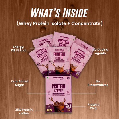 Barsana Magic and Protein Coffee packets on a wooden surface with nutritional information.