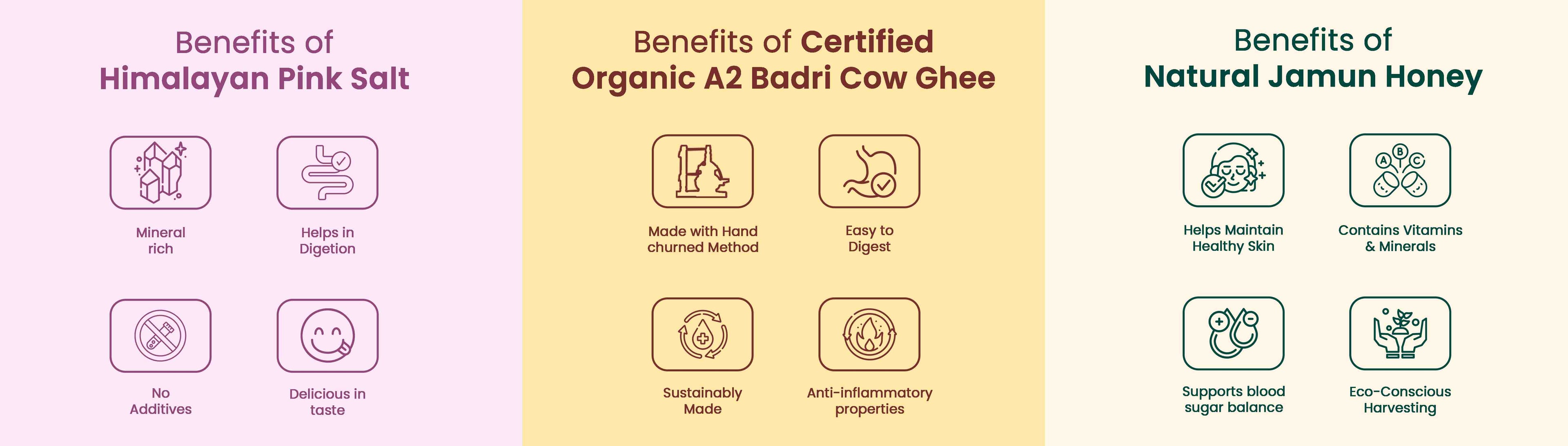 Barsana Magic and Three sections detailing the benefits of Himalayan pink salt, certified organic A2 Badri cow ghee, and natural Jamun honey.