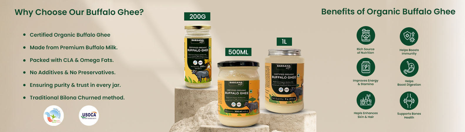 Barsana Magic and Advertisement for organic buffalo ghee with product packaging and benefits listed