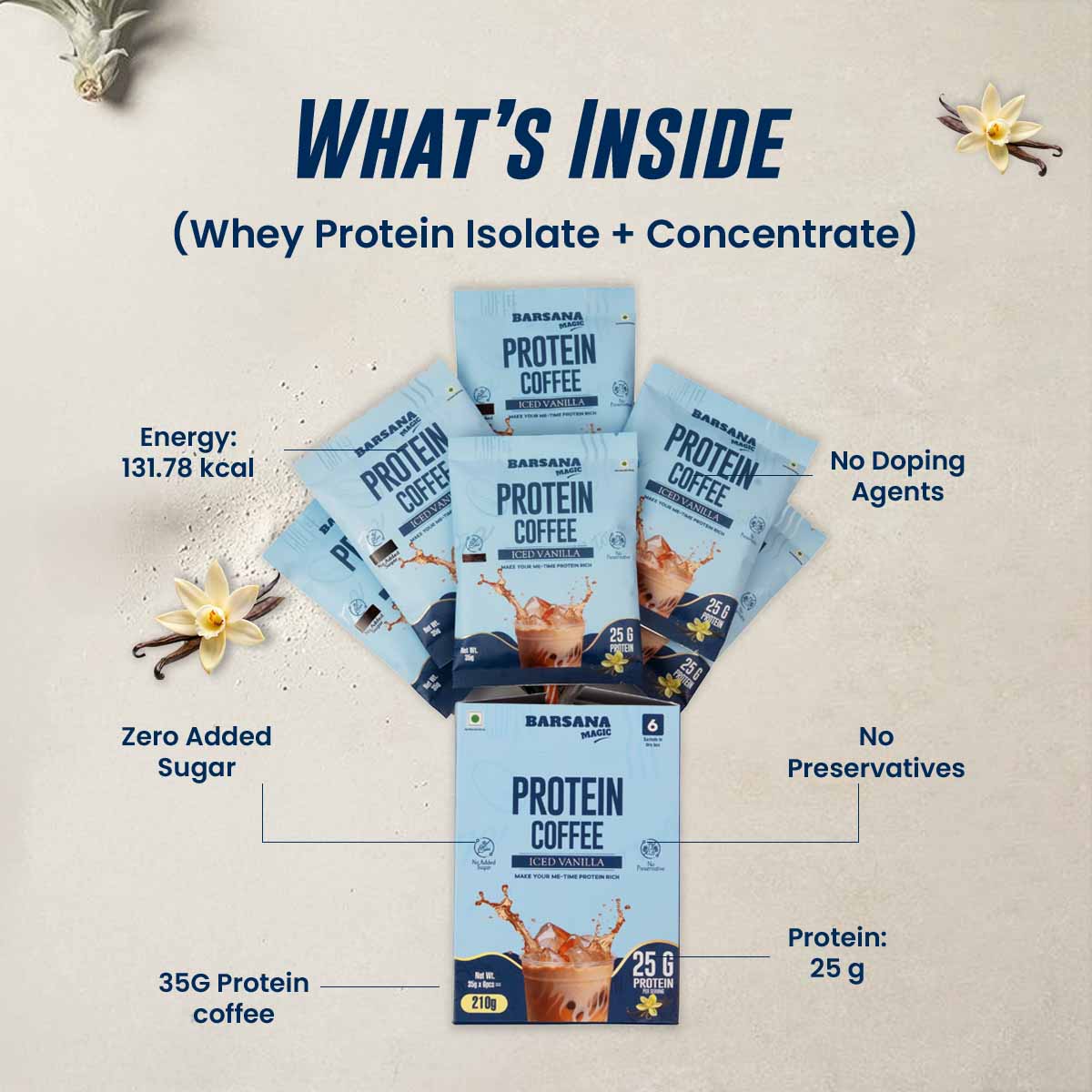 Barsana Magic and  Protein Coffee packaging with nutritional information on a beige background