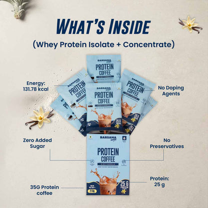 Barsana Magic and  Protein Coffee packaging with nutritional information on a beige background