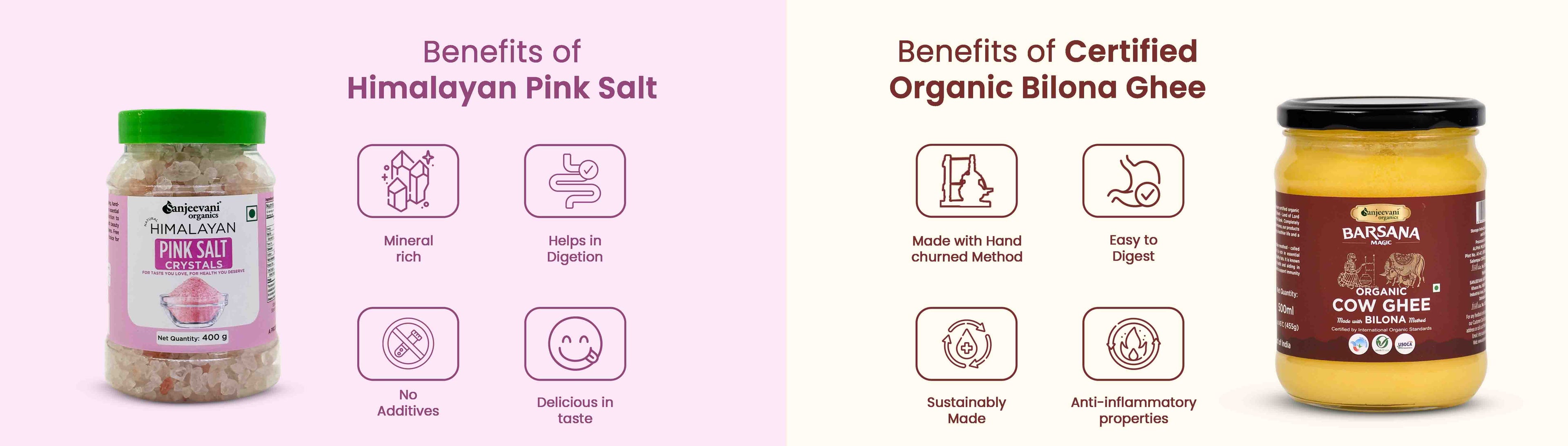 Barsana Magic and Two product images with text on the benefits of Himalayan pink salt and certified organic Biona ghee.