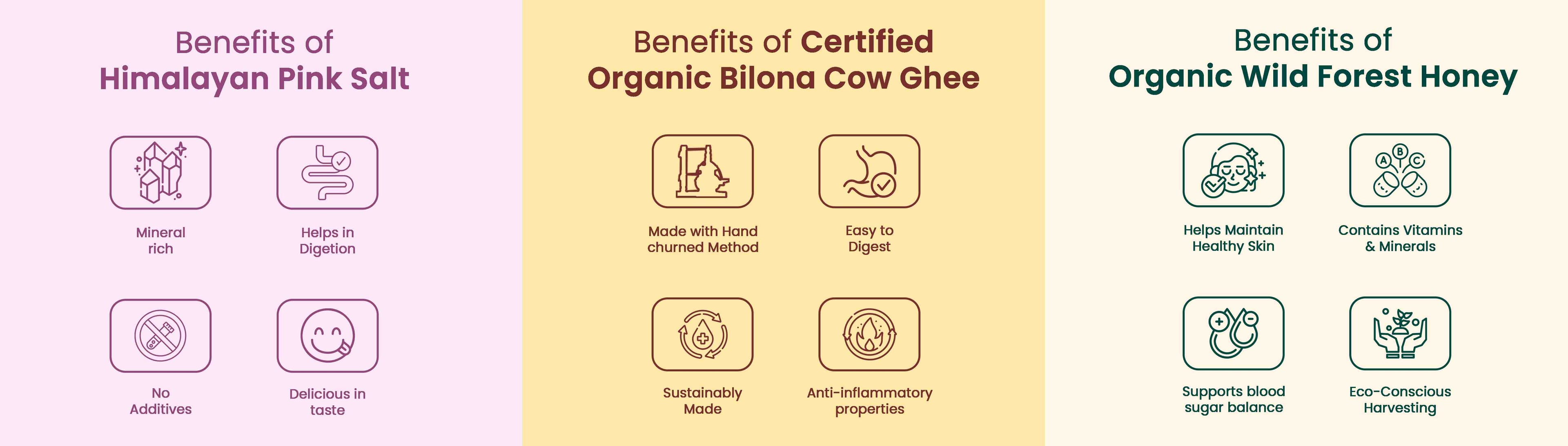 Barsana Magic and Three sections detailing the benefits of Himalayan pink salt, certified organic bilaan cow ghee, and organic wild forest honey.