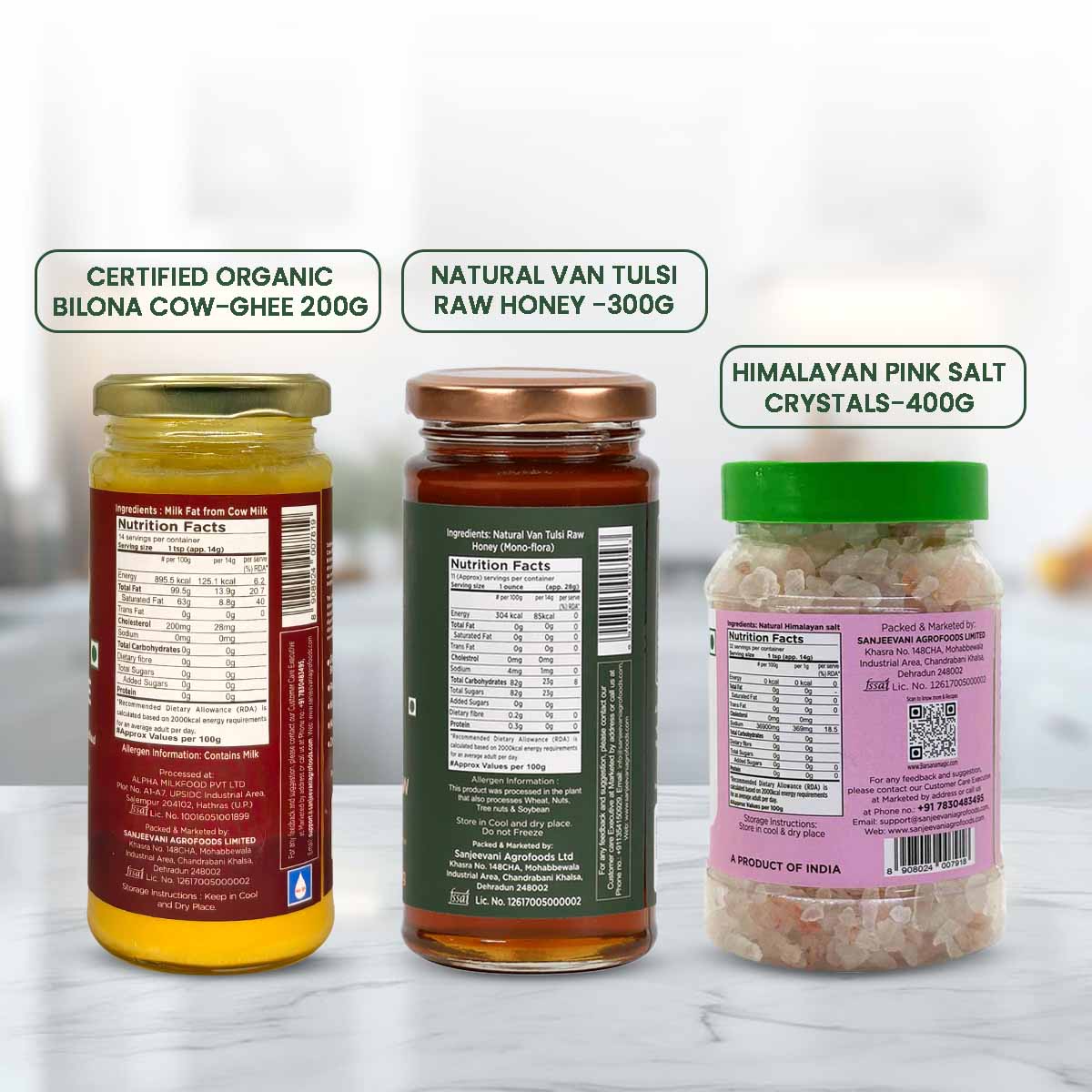 Barsana Magic and bilona cow ghee and natural van tulsi raw honey and himalayan pink salt crystals back image