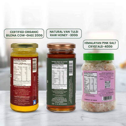 Barsana Magic and bilona cow ghee and natural van tulsi raw honey and himalayan pink salt crystals back image