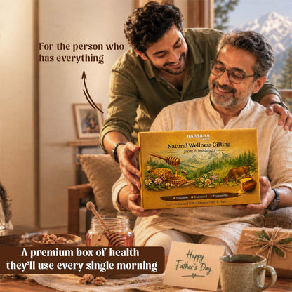 Barsana Magic and Two men looking at a HABASA natural wellness gifting box with a scenic design, surrounded by a cozy indoor setting.