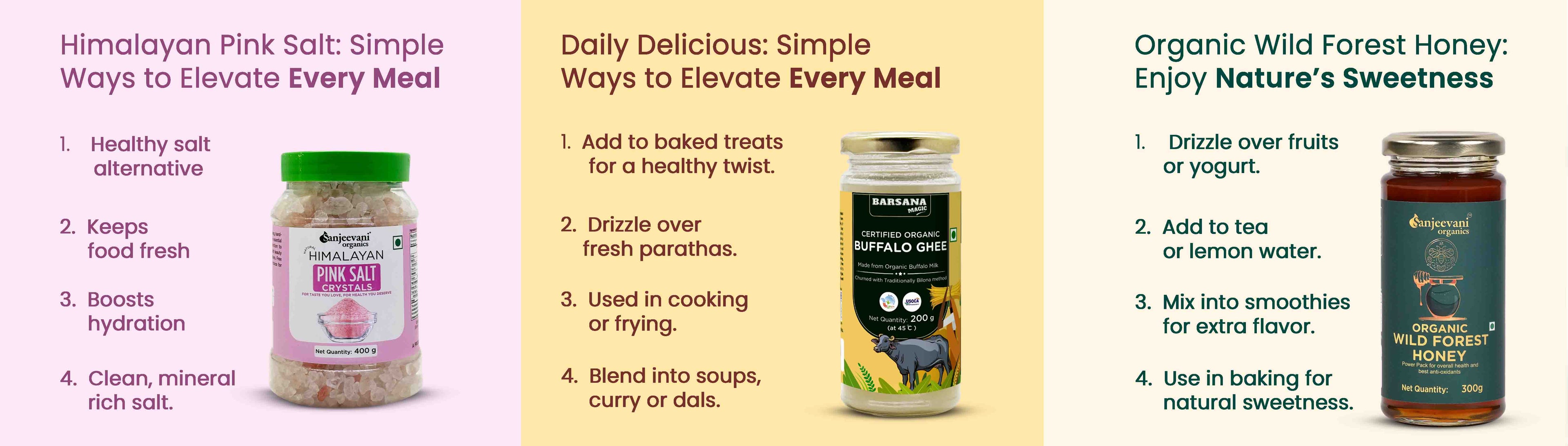 Barsana Magic and Promotional graphic for Himalayan Pink Salt, Organic Wildfire Honey, and a product with a green label on a yellow background.
