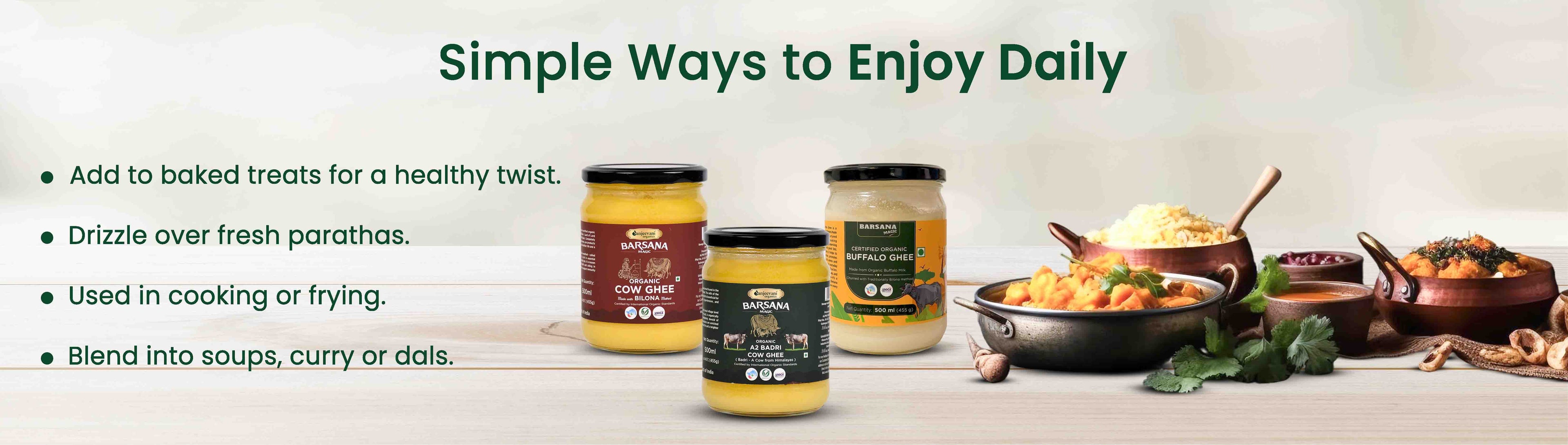 Barsana Magic and Jars of food products with text on simple ways to enjoy them, set against a white background.