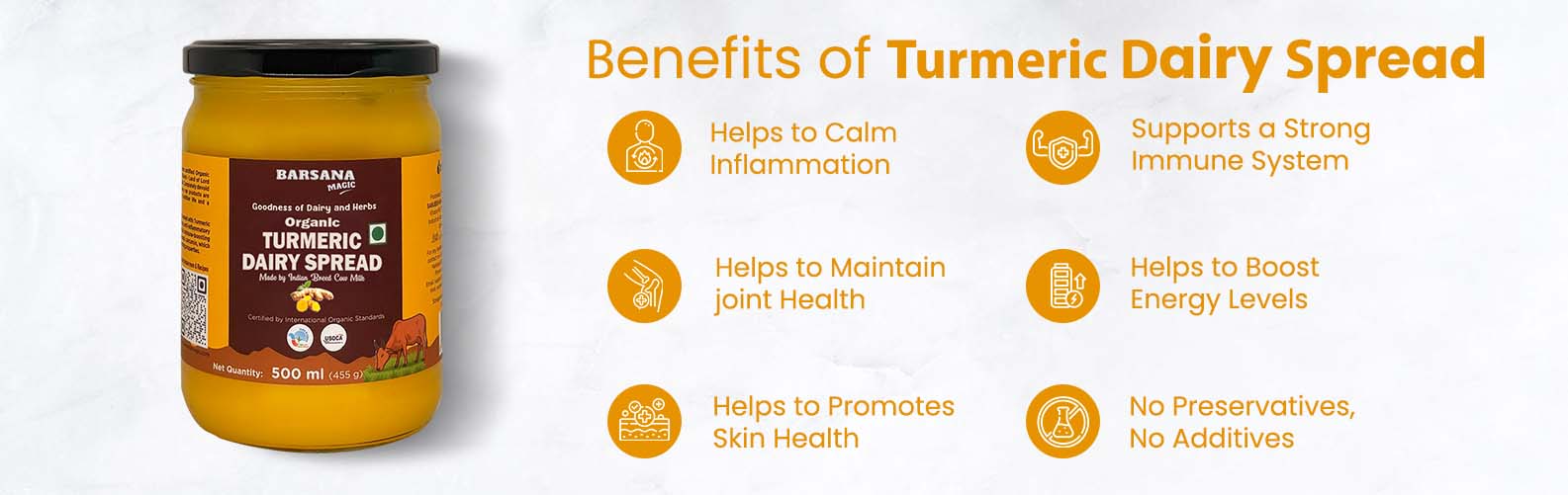 Barsana Magic and Turmeric Dairy Spread jar with benefits listed on a white background