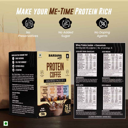 Barsana Magic and Protein Coffee packaging with nutritional information on a wooden surface.