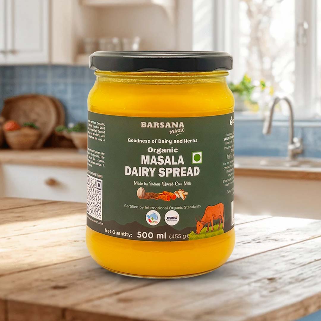 Barsana Magic and Jar of Barsana Organic Masala Dairy Spread on a kitchen counter
