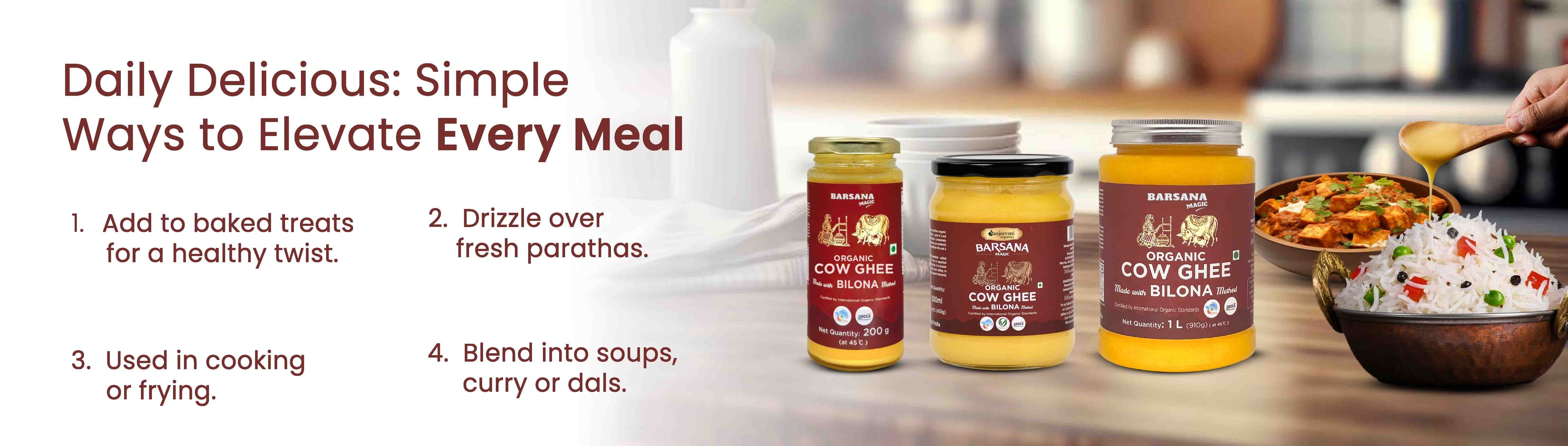 Barsana Magic and Three jars of food products on a table with a blurred background