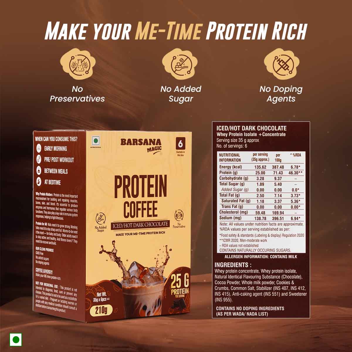 Barsana Magic and Protein Coffee package with nutritional information on a brown background