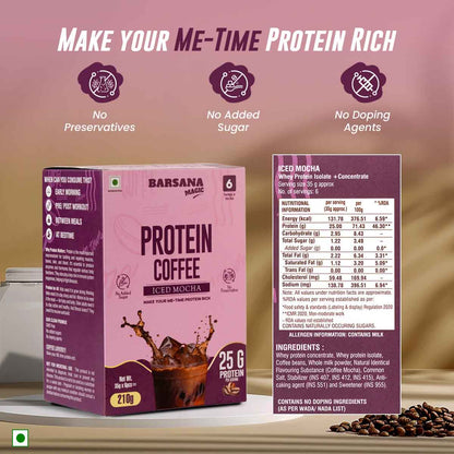 Barsana Magic and Protein Coffee package with nutritional information on a blurred background