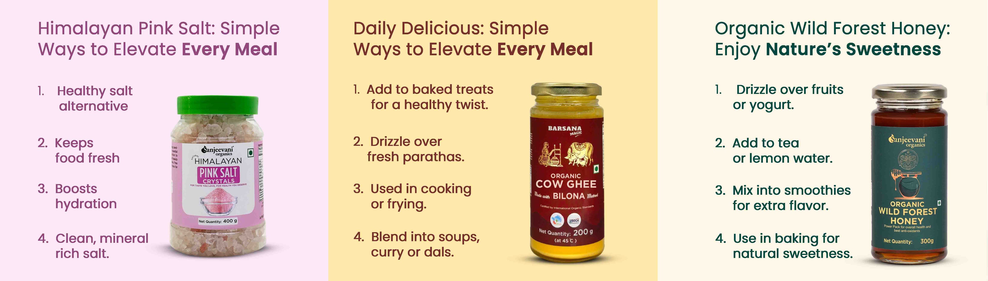 Barsana Magic and Promotional graphic for Himalayan Pink Salt, Daily Delicious, and Organic Wild Forest Honey with product images and usage tips.