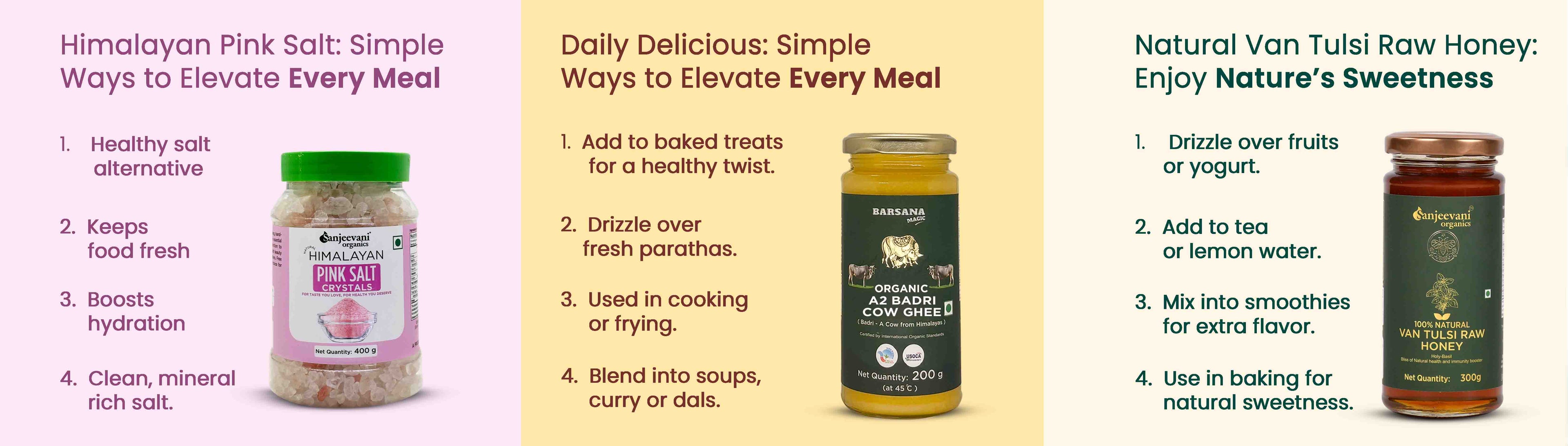 Barsana Magic and Promotional image of Himalayan Pink Salt and Vanリアル Raw Honey with usage tips.