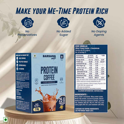 Barsana  Magic and Protein Coffee package with nutritional information on a neutral background