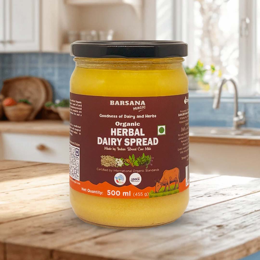 Barsana Magica and Jar of Barsana Organic Herbal Dairy Spread on a kitchen counter