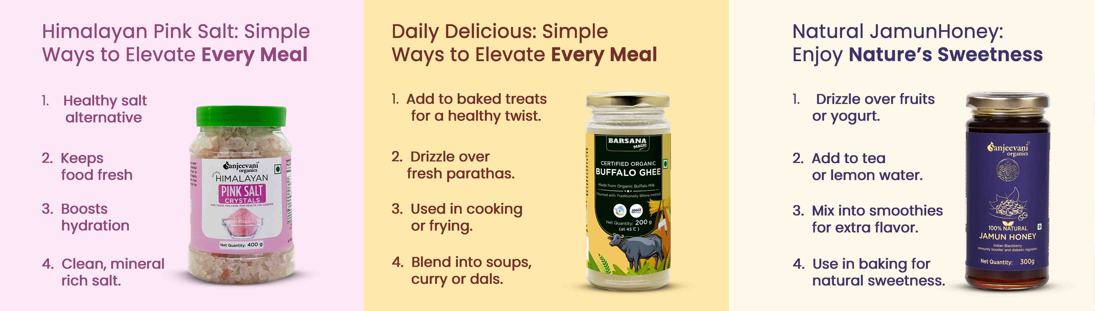 Barsana Magic and Three bottles of different brands of salt and honey on a yellow background with text describing their uses.