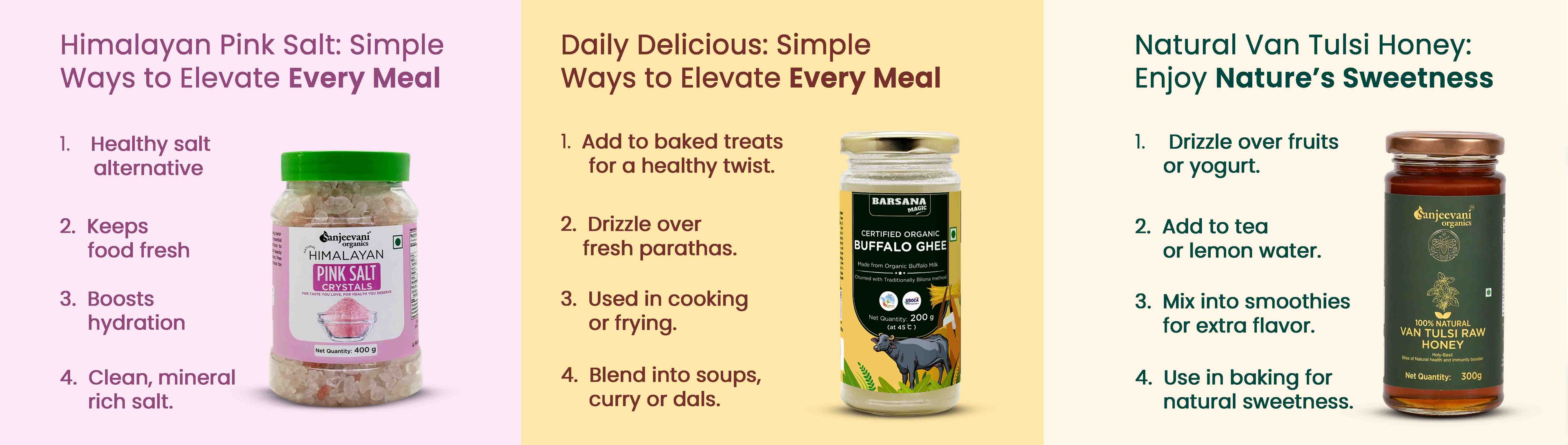 Barsana Magic and Promotional image of Himalayan Pink Salt and Van Halen Honey with product images and usage tips.