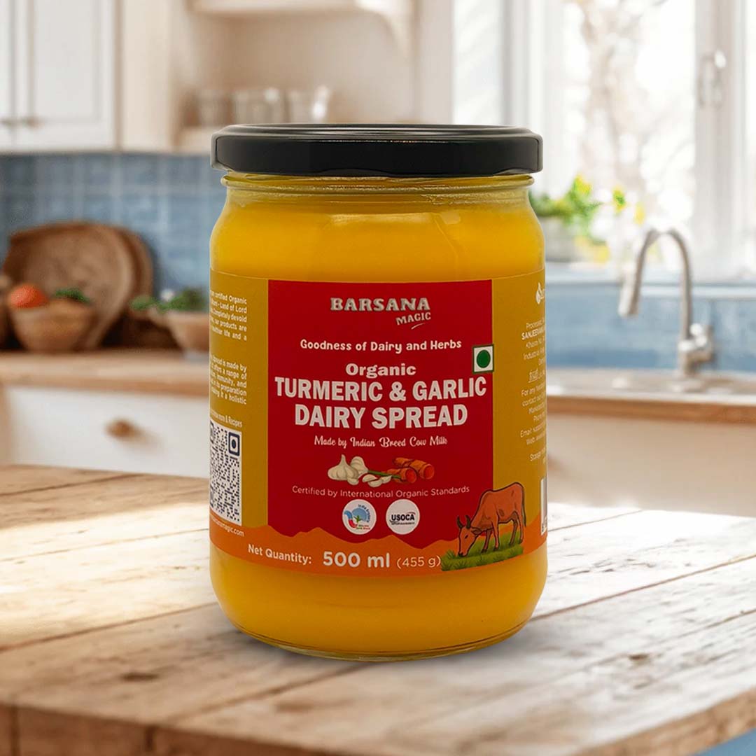 Barsana Magic and Jar of Barsana Organic Turmeric & Garlic Dairy Spread on a kitchen counter