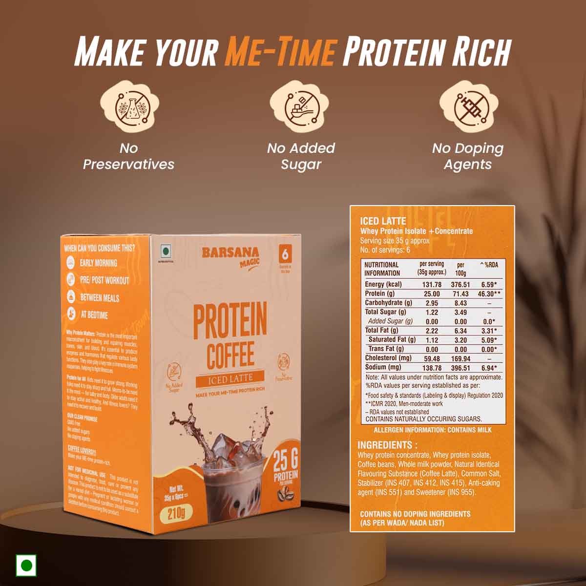 Barsana Magic and Protein coffee package with nutritional information on a brown background