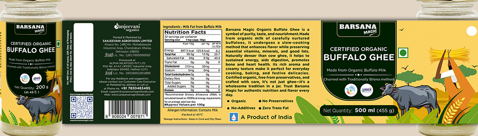 Barsana Magic and Organic Buffalo Ghee packaging with nutritional information and branding details.