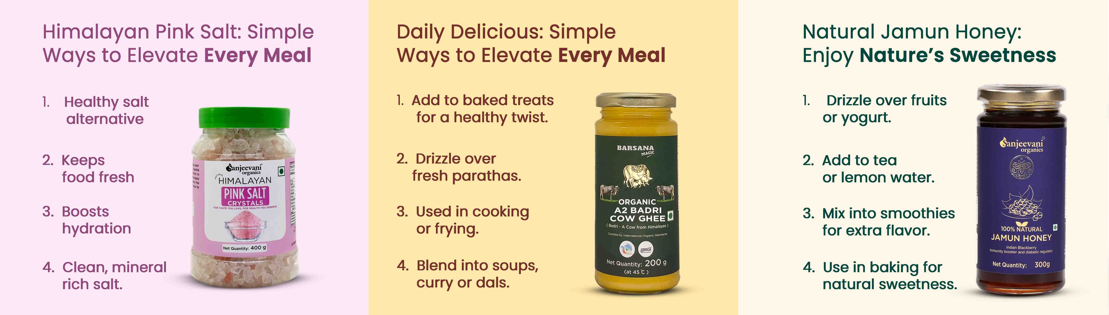 Barsana Magic and Three product images with text describing their uses and benefits on a yellow background.