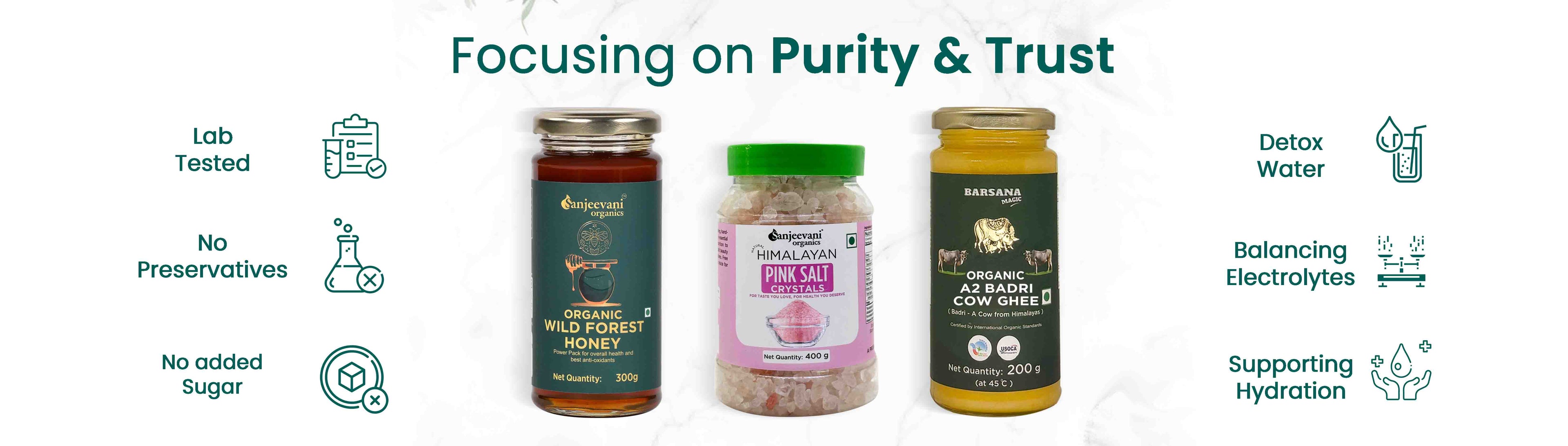 Barsana Magic and Three bottles with labels on a white background, featuring icons and text about purity and trust.